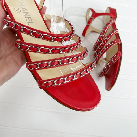 Chanel Red Leather CC Chain Sandals Four Strap Ankle Gladiator 38 - Picture 6 of 14